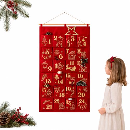Calendrier de lAvent Tissu Rouge 24 Poches，Noël à Remplir R