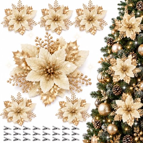 DEIDHOSUP Deco Sapin de Noel,24 Poinsettias Or et Argent 12c