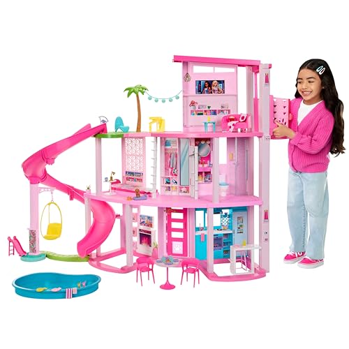 Barbie Coffret Maison de Rêve Poupée Mannequin, Design en Spirale sur 3 Niveaux, 10 Espaces de Vie Inclus Piscine, Toboggan, et Ascenseur, 75Accessoires Inclus,Jouet pour Enfant de 3 ans et Plus,HMX10