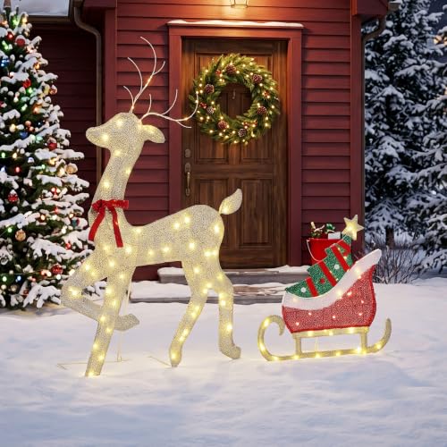 Outsunny Renne et Traîneau Lumineux 125 cm avec 95 LED Blanc