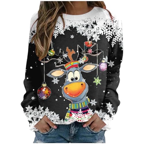 Sweat-shirt De Noël Pour Femmes - Manches Longues, Coupe Ample - Motif Rigolo Père Noël Et Rennes - Polyester Doux - Idéal Pour Les Fêtes