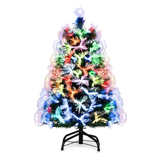 GYMAX Petit Sapin de Noël Artificiel 95cm, Fibres Optiques L