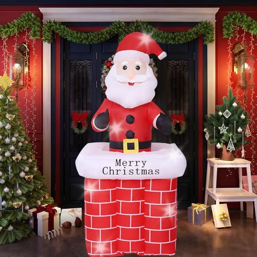 Père Noël Gonflable avec cheminée Lumineux LED Hauteur 180 c