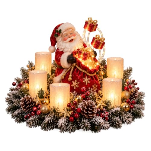 Centre de Table Noel avec Bougies LED et Figurine Père Noël 