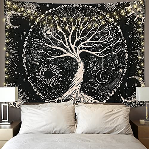 Betylifoy Arbre de Vie Tapisserie Lune et Soleil Noir Tentur
