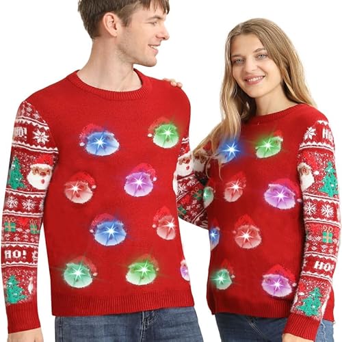 Kouric Pull de Noel Moche Homme Femme,Pull Moche Noel LED,Pu