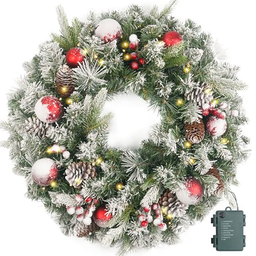 Couronne de Noël floquée pré-éclairée de 61 cm avec 50 pomme