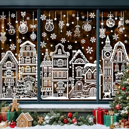 wondever Stickers Autocollant Fenetre Noel Blanc Maison Floc