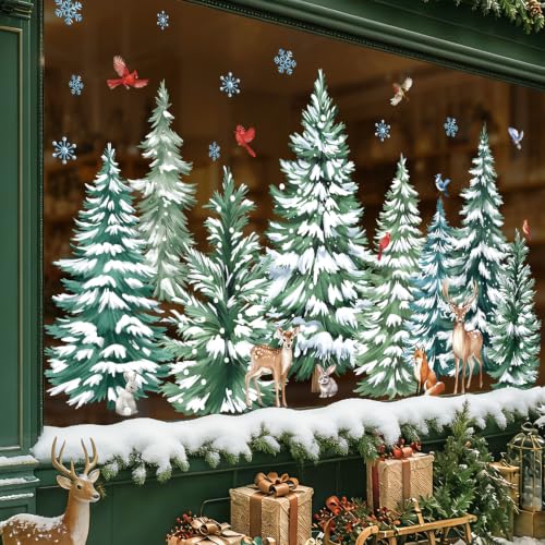 wondever Stickers Fenetre Sapin de Noël Animaux Forêt Autoco