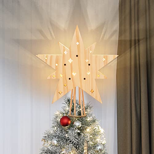 Creawoo Pointe de Sapin de Noël Étoile en Bois avec LED et c