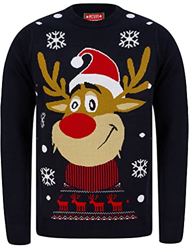 Rudolph Smile Motif Novelty Christmas Jumper in Ink – Merry 
