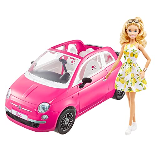 Barbie et sa Fiat 500, Cofret véhicule 4 places rose et poup