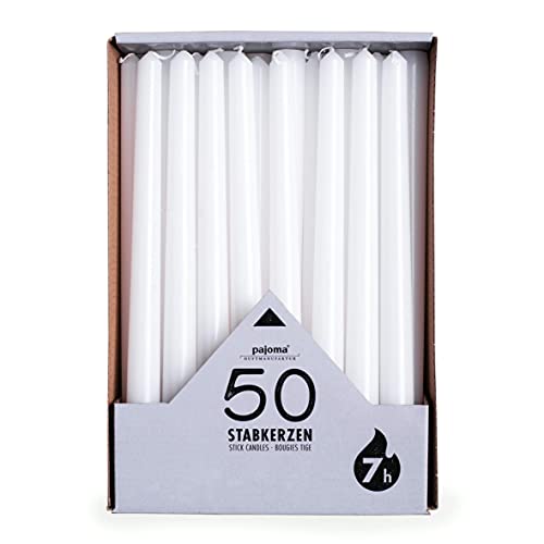 pajoma Lot de 50 bougies - Blanc - Hauteur : 25 cm - Durée d