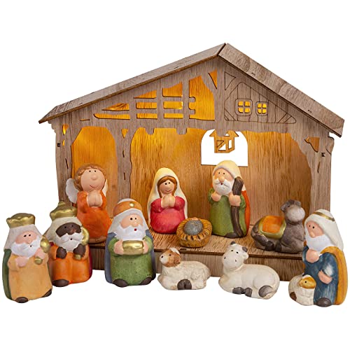 ARTECSIS Crèche de Noël en Bois Lumineuse + 11 Figurines 26,